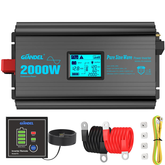 GIANDEL 2000Watt Pure Sine Wave Inverter 12V to 120 Vac with UL approved Fuses for RVs Off Grid Solar System Boat Camper with 20Amps Hardwire block and big LCD Display Type-C PD30W and Dual QC3.0 USB