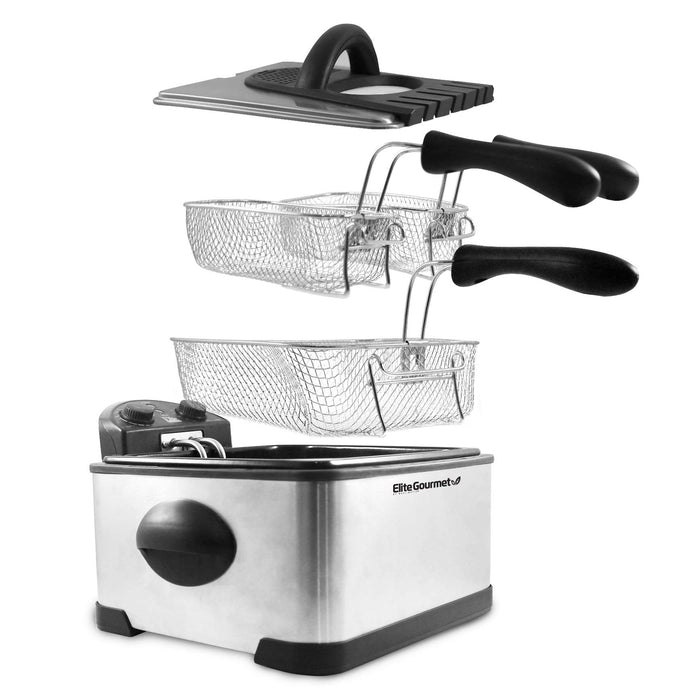 Elite Gourmet EDF-401T Electric Immersion Deep Fryer 3-Baskets, 1700-Watt, Timer Control, Adjustable Temperature, Lid with Viewing Window and Odor Free Filter, Stainless Steel and Black