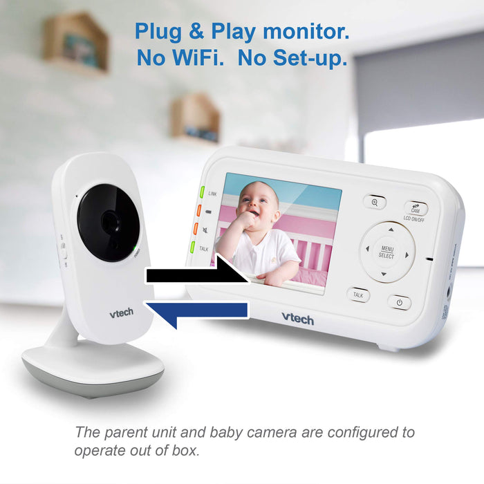 VTech Video Baby Monitor with 1000ft Long Range, Auto Night Vision, 2.8” Screen, 2-Way Audio Talk, Temperature Sensor, Power Saving Mode, Lullabies and Wall-mountable Camera with bracket, White