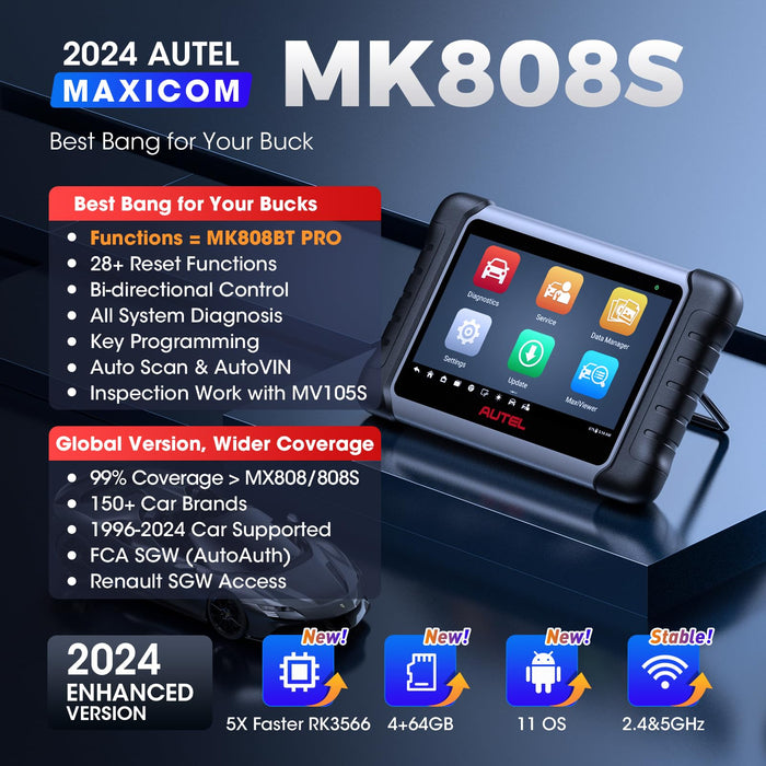 Autel Scanner MaxiCOM MK808S: 2024 Bidirectional Tool as MK808BT Pro MX808S M808Z, Function as MaxiCheck MX900, 28+ Service, Active Test, All System Diagnose, Injector Coding, FCA Autoauth Android 11