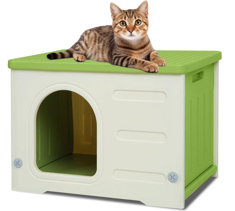 Waterproof Cat House Outdoor Indoor, Plastic Cat House for Outdoor Cats Feral Cat House Outdoor, Sturdy Cat Bed for Small Pet, Spacious, Assemble Easily -Grey