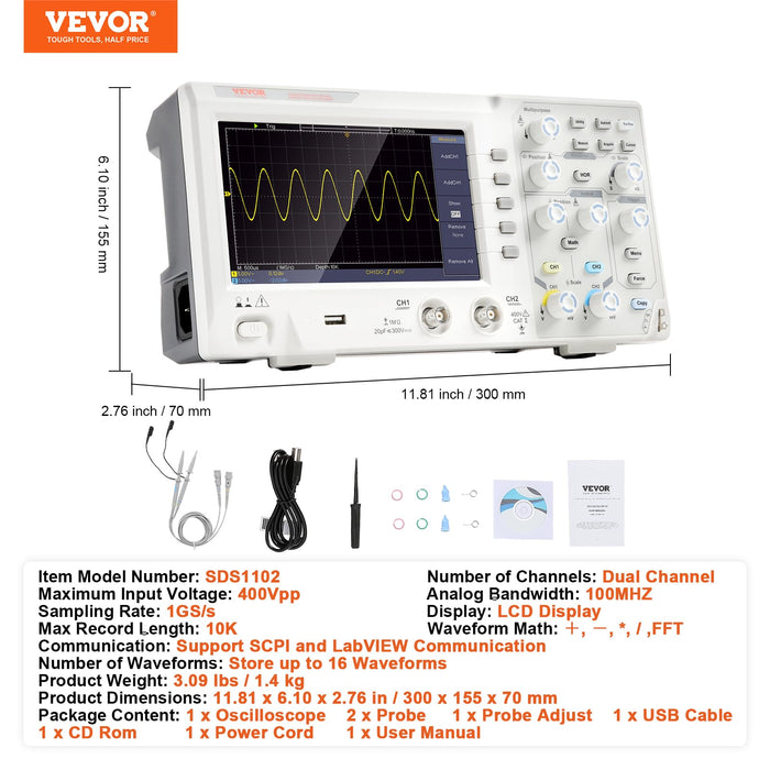 VEVOR Digital Oscilloscope, 1GS/S Sampling Rate, 100MHZ Bandwidth 2 Channels Portable Oscilloscope with 7-inch Color Screen, 30 Automatic Measurement Functions for Electronic Circuit Testing DIY……