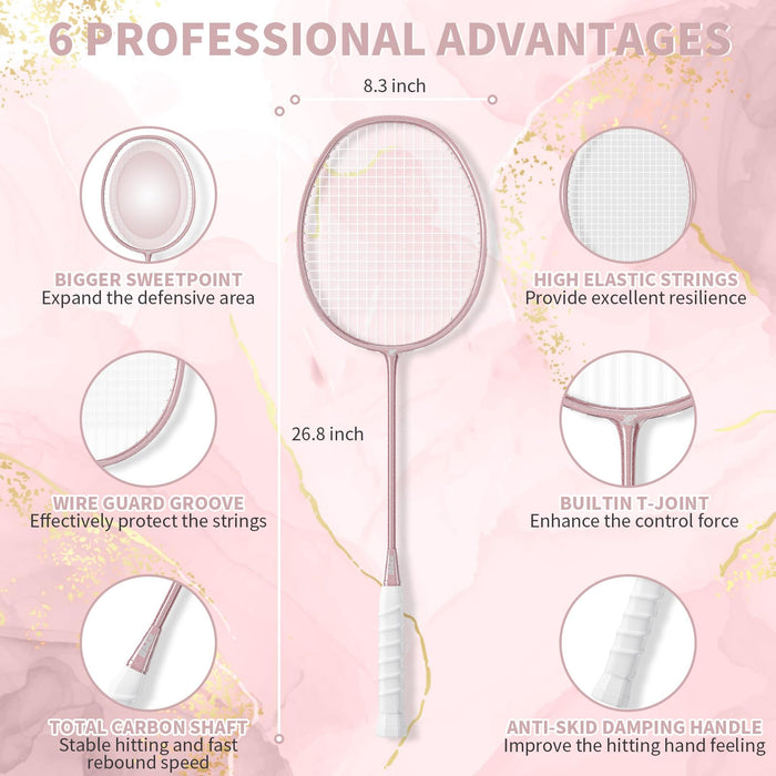 MBFISH Badminton Racket Set with 2 Carbon Fiber Rackets, 3 Shuttlecocks, 2 Replacement Racket Grip Tapes and 1 Badminton Bag - Perfect for Beginners & Outdoor Games (Rose Gold)