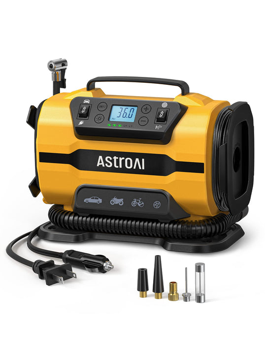 AstroAI Tire Inflator Portable Air Compressor Pump 150PSI 12V DC/110V AC with Dual Metal Motors &LED Light， Automotive Car Accessories&Two mode for car, bicycle tires and air mattresses, Yellow