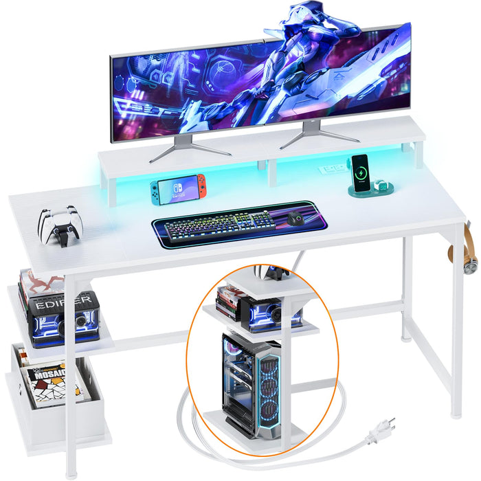 Furologee White Desk with Power Outlets and LED Lights, 47" Office Gaming Desk with Shelves and Fabric Drawer, Reversible Study Table with Monitor Stand and Hooks