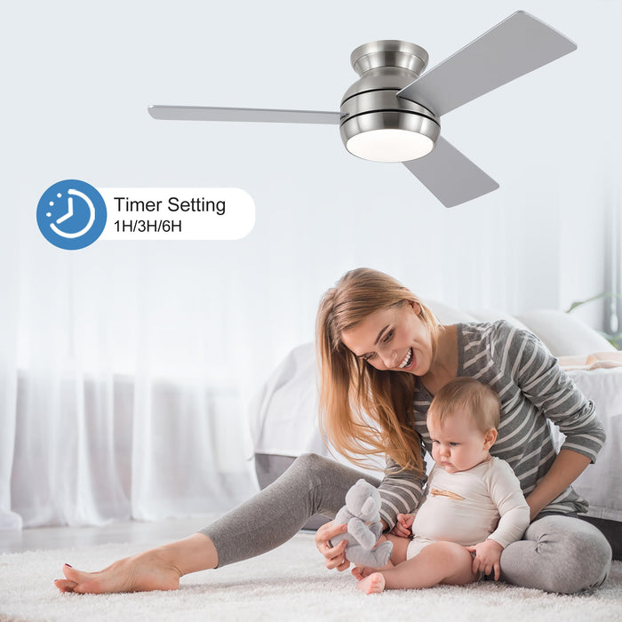 POCHFAN 42 Inch Ceiling Fans with Lights, Low Profile Ceiling Fan with Remote, Quiet Motor, Dimmable 6 Speeds Reversible LED Flush Mount Modern Ceiling Fan for Bedroom, Living Room, Brushed Nickel