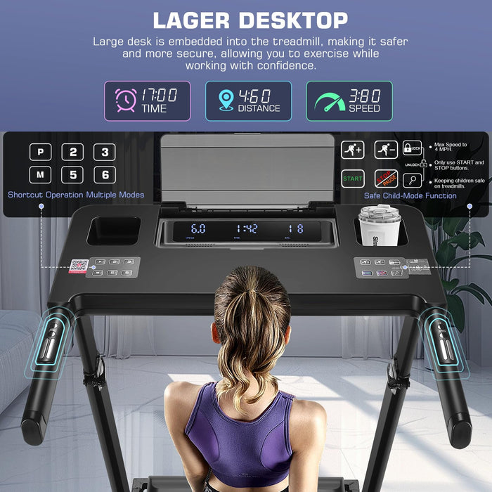 Treadmill with Desk Workstation & Adjustable Height, 300 LBS Weight Capacity, Folding Treadmill with Incline, Bluetooth Speaker & App, Portable Walking Pad Treadmill with Desktop for Home Office