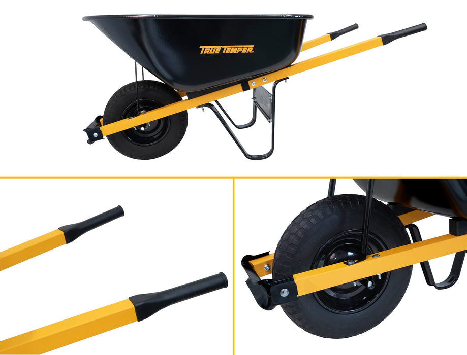 True Temper R6STFFEC 6 Cu. Ft Steel Tray Wheelbarrow with Never Flat Tire & Steel Handles, Black