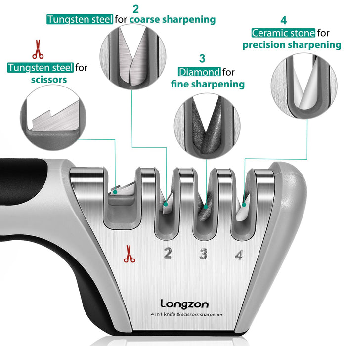 Longzon 4-in-1 Knife Sharpener [4 stage] with a Pair of Cut-Resistant Glove, Original Premium Polish Blades, Best Kitchen Knife Sharpener Really Works for Fruit Knife and Steel Knives, Scissors.