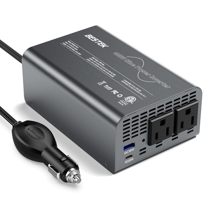 BESTEK 400W Pure Sine Wave Power Inverter - DC 12V to 110V AC Converter, Fast Car Charger Adapter with 30W USB-C/18W Quick Charge/Dual 110V AC Outlet, Car Plug Adapter Outlet for Laptop