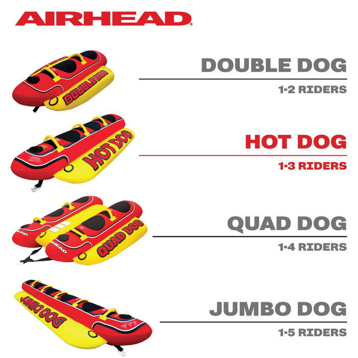 Airhead Hot Dog Towable | 1-3 Rider Tube for boating and Water Sports, Neoprene Seat Pads, Double-Stitched Full Nylon Cover, and Boston Valve for Convenient Inflating & Deflating