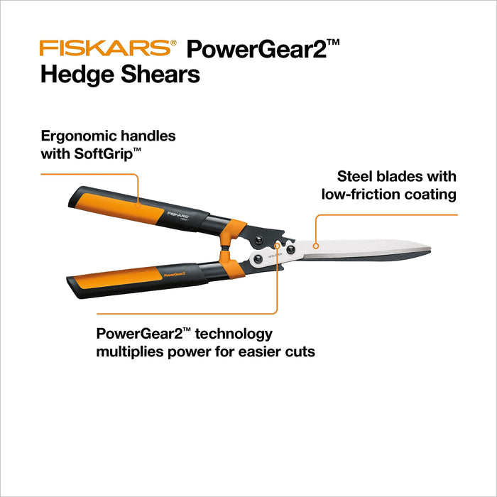 Fiskars PowerGear2 Hedge Shears - 23" Precision-Ground Low Friction Coated Stainless Steel Blade - Branch Cutter and Gardening Tool with Shock-Absorbing Bumpers