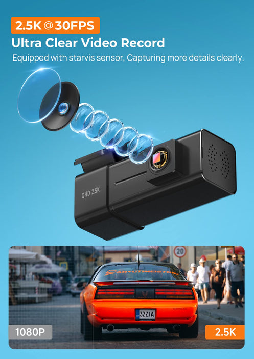 Dash Cam 2.5K 1440P Front Dashcam for Cars, E-YEEGER Mini WiFi Hidden Dashcams with App, Night Vision Car Camera, 24H Parking Mode, G-Sensor, Loop Recording, Free 32G Card, Support 256GB Max