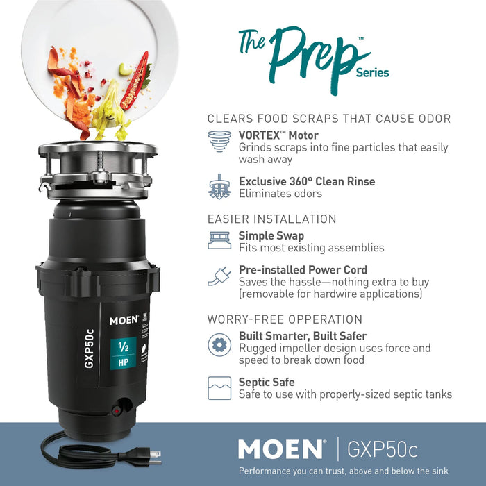 Moen Prep Series PRO 1/2 HP Continuous Feed Compact Garbage Disposal, Power Cord Included, GXP50C