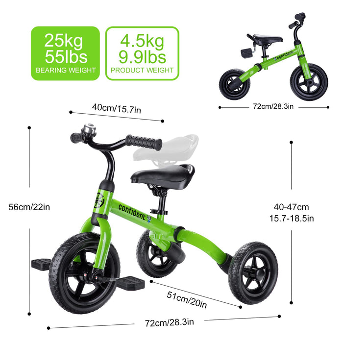 YGJT 3 in 1 Tricycle for Toddlers Age 2-5 Years Old, Folding Kids Balance Bikes with Adjustable Seat and Removable Pedal, Ride-on Toys for Infant, Gift for Baby Boys Girls Birthday(Green)