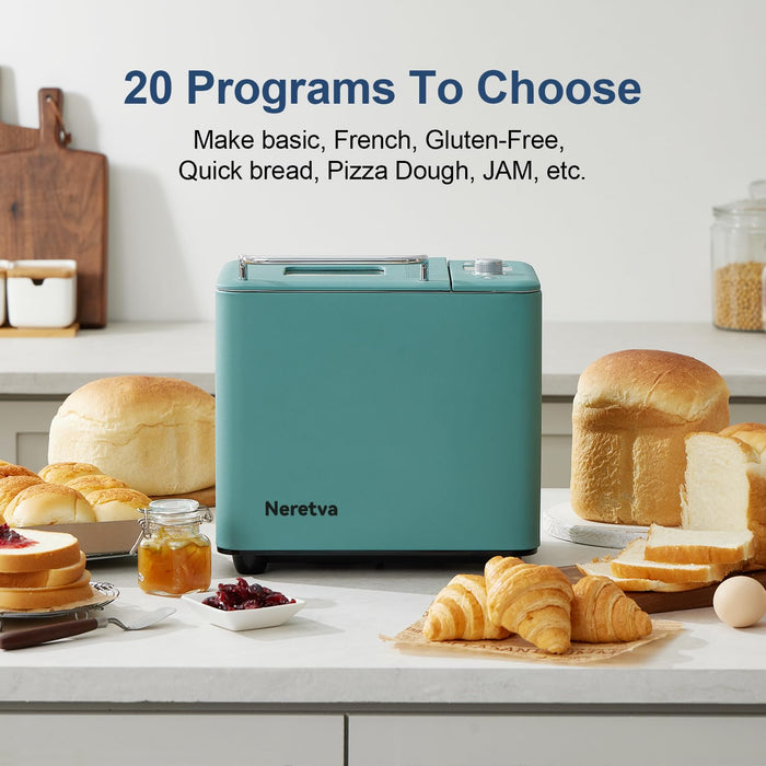 Neretva Bread Maker Machine, 20-in-1 2LB Automatic Breadmaker with Gluten Free Pizza Sourdough Setting, Digital, Programmable, 1 Hour Keep Warm, 2 Loaf Sizes, 3 Crust Colors - Receipe Booked Included