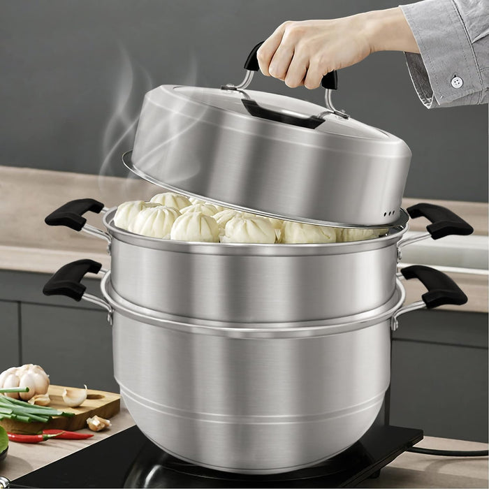 MANO Steamer Pot for Cooking 11 inch Steam Pots with Lid 2-tier Multipurpose Stainless Steel Steaming Pot Cookware with Handle for Vegetable, Dumpling, Stock, Sauce, Food