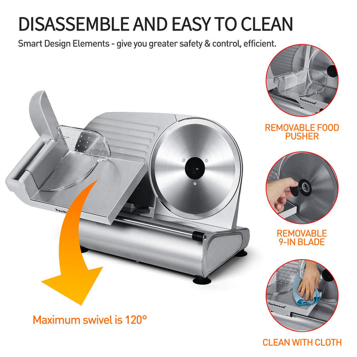 Meat Slicer, Techwood Electric Deil Food Slicer with Removable 9” Stainless Steel Blade, Deli Cheese Fruit Vegetable Bread Cutter with Adjustable Knob for Thickness, Food Carriage & Non-Slip Feet