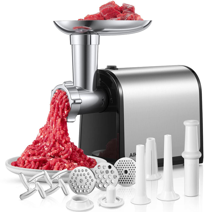 Electric Meat Grinder, Sausage Stuffer with 3 Sausage Tubes, 2 Blades, 3 Plates, 2000W Max, Meat Grinder Heavy Duty for Home Kitchen Use, Stainless Steel (Black)