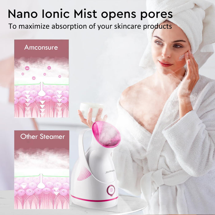 Amconsure Facial Steamer - Nano Ionic Face Steamer Warm Mist Steamer for Face Home Sauna SPA, Face Humidifier Steamer for Facial Deep Cleaning Unclogs Pores Sinuses - 5 Piece Stainless Steel Skin Kit