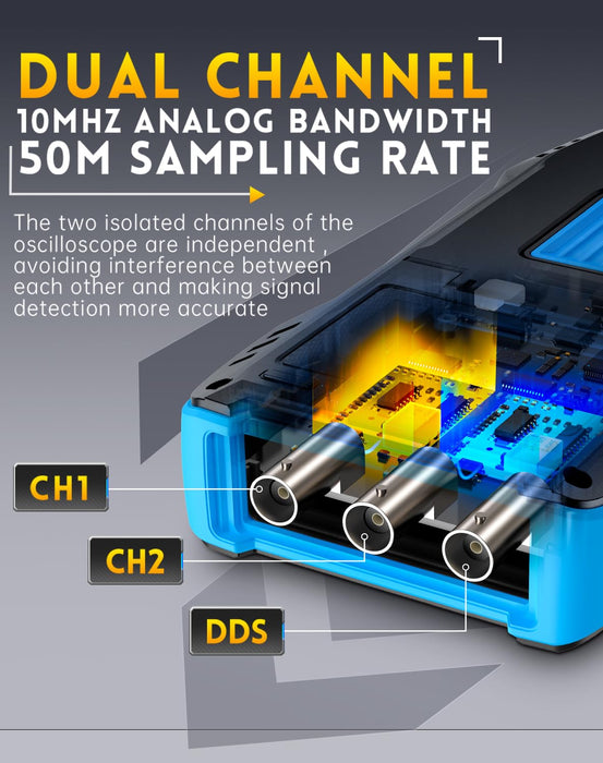 【Upgraded Model 2*P6100 Probe】 FNIRSI 3 in1 Oscilloscope/Multimeter/DDS Signal Generator with 2 Channels, 10MHz Bandwidth, 50MSa/s Sampling Rate, 10000 Counts, Voltage, Current, Capacitor, Resistor