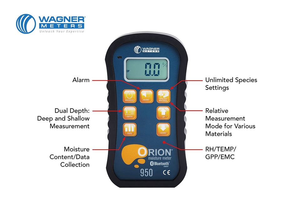 Wagner Meters Orion® 950 Pinless Wood Moisture Meter | Backlit Screen, Non-Destructive, Drywall, Lumber Moisture Tester