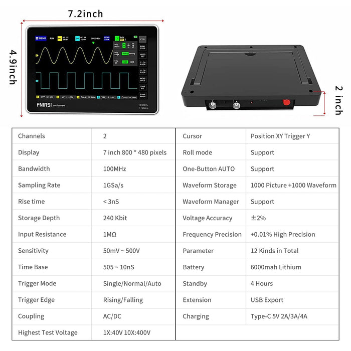 FNIRSI 1013D Plus Oscilloscope - Portable Handheld Tablet Oscilloscope with 100X High Voltage Probe, 2 Channels 100Mhz Bandwidth 1GSa/s Sampling Rate 7" TFT LCD Touch Screen