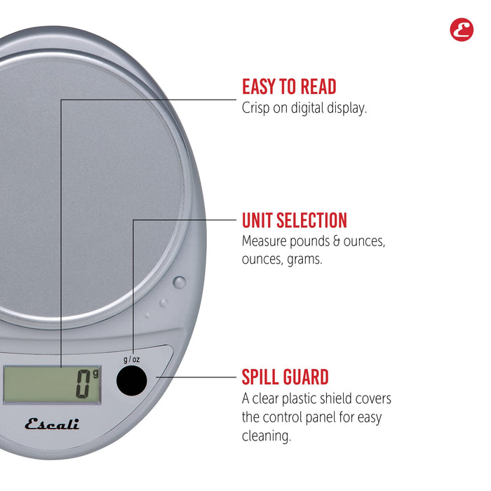 Escali Primo Digital Food Scale Multi-Functional Kitchen Scale and Baking Scale for Precise Weight Measuring and Portion Control, 8.5 x 6 x 1.5 inches, Chrome