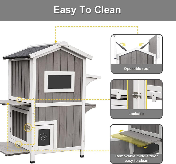 PetsCosset Outdoor Cat House Shelter Weatherproof, Two Story Wooden Outside Cat House Feral Cat House with Openable Roof, Escape Door