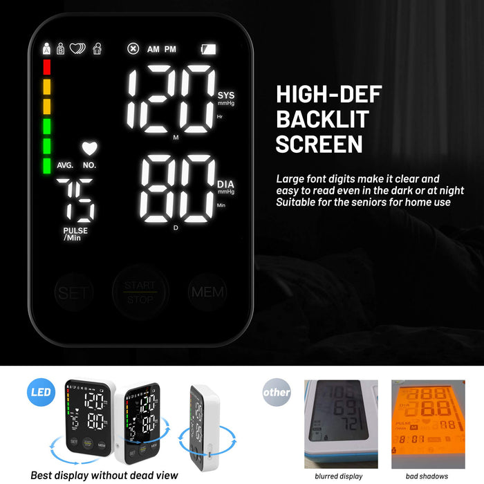 Blood Pressure Monitor Upper Arm Blood Pressure Monitors for Home Use with 2x120 Reading Memory Adjustable Arm Cuff 8.7"-15.7" LED Background Light Large Display Machine with Storage Bag - Black