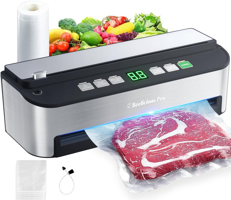 Vacuum Sealer Machine, Beelicious® 85KPA Fully Automatic 8-IN-1 Food Sealer with Bags Storage, Build-in Cutter, Moist Mode and Air Suction Hose | Digital Countdown | Sous Vide