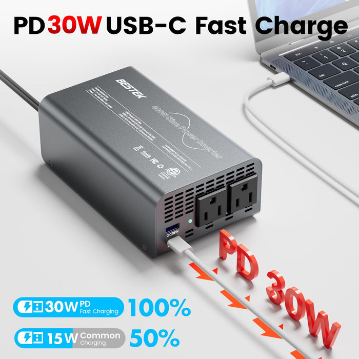 BESTEK 400W Pure Sine Wave Power Inverter - DC 12V to 110V AC Converter, Fast Car Charger Adapter with 30W USB-C/18W Quick Charge/Dual 110V AC Outlet, Car Plug Adapter Outlet for Laptop