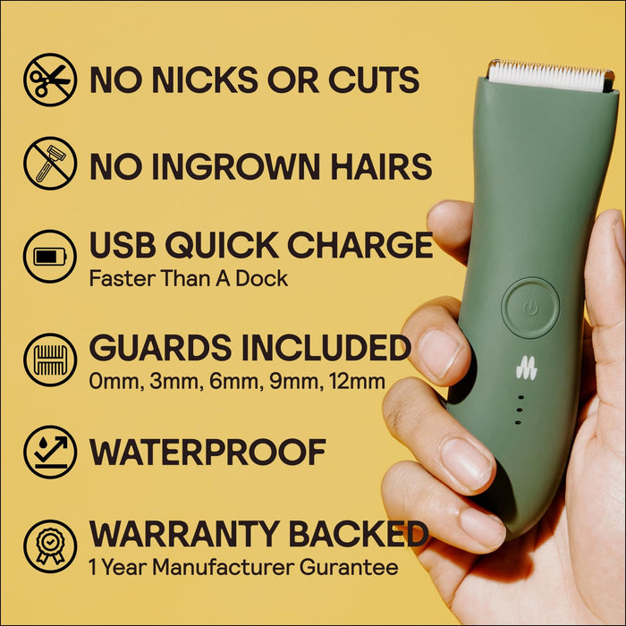 MERIDIAN Body Hair Trimmer for Men and Women - No Nick, No Cut, No Razor Burn Pubic, Groin and Body Shaver - Waterproof & Rechargeable Electric Full Body Groomer - Sage