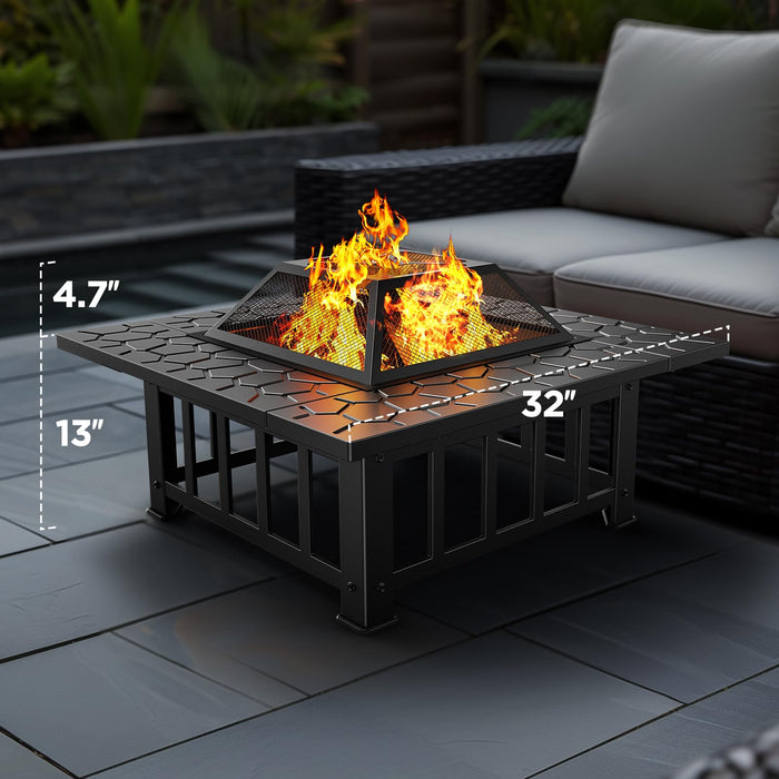 Ciays 32 inch Fire Pit 3-in-1 Multipurpose Outdoor Fire Pit Table with Spark Screen, 22-inch Fire Poker, Rain Cover for Camping, Backyard, Patio, CIFP01B