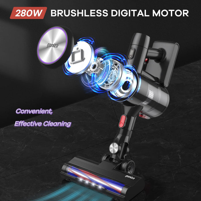 Ganiza Cordless Vacuum Cleaner, Stick Vacuum 28Kpa Powerful Suction Hi-Speed Brushless Motor Up to 45 Minutes Runtime, 6-in-1 V25 Lightweight Vacuum LED Headlight for Floor Carpet Pet Hair