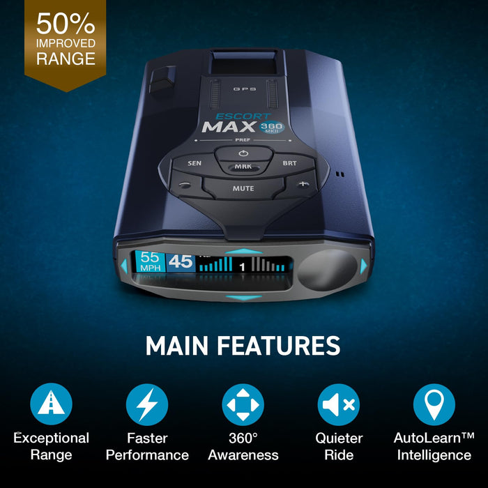 Escort MAX 360 MKII Radar and Laser Detector Bluetooth Enabled, 360° Directional Arrows, Exceptional Range, Shared Alerts, Apple CarPlay and Android Auto Compatible, Black