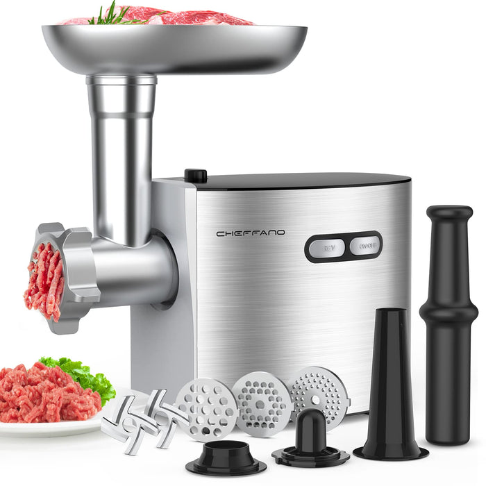 CHEFFANO Meat Grinder, 2600W Max Stainless Steel Meat Grinder Electric, ETL Approved Heavy Duty Meat Mincer Machine with 2 Blades, 3 Plates, Sausage Stuffer Tube & Kubbe Kit for Home Kitchen Use