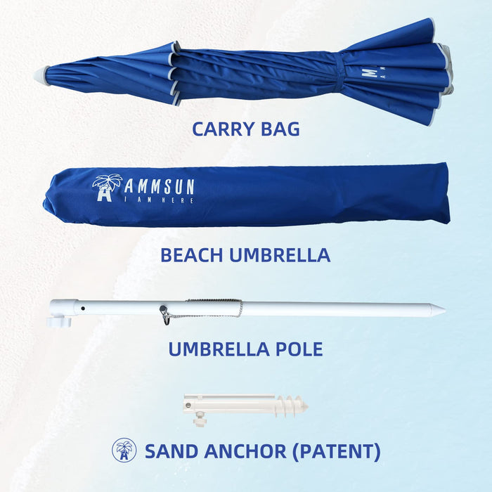 AMMSUN 8 Feet Large Beach Umbrella with Sand Anchor Heavy Duty High Wind Portable Outdoor Umbrellas UV 50+ Protection Air Vent Tilt Patio Garden Pool Blue