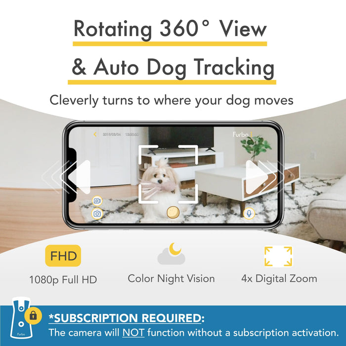 Furbo 360° Dog Camera + Dog Nanny w/Smart Alerts (Paid App Subscription Required): Home Emergency & Dog Safety Alerts | 360° Rotating Dog Tracking, Treat Toss, Night Vision, 2-Way Audio, Bark Alert