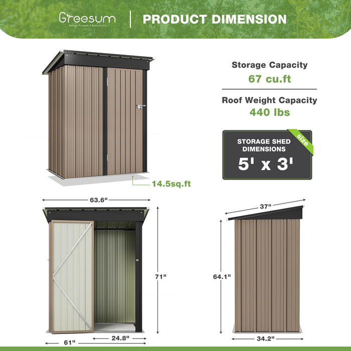 Greesum Outdoor Storage Shed 5 x 3 ft. Utility Tool Shed Metal Storage Garden Shed with Door & Lock for Patio Storage, Brown