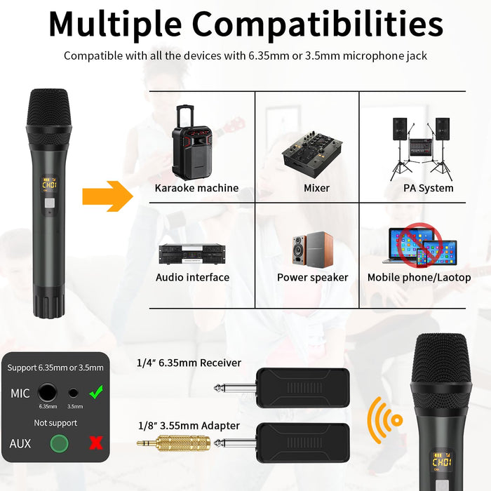 voijump Wireless Microphone, Handheld UHF Dual Metal Cordless Dynamic Mic System with Rechargeable Receiver,200ft Range,for Karaoke, Speech, Party, Wedding, Church,Singing Machine-Auto Connect