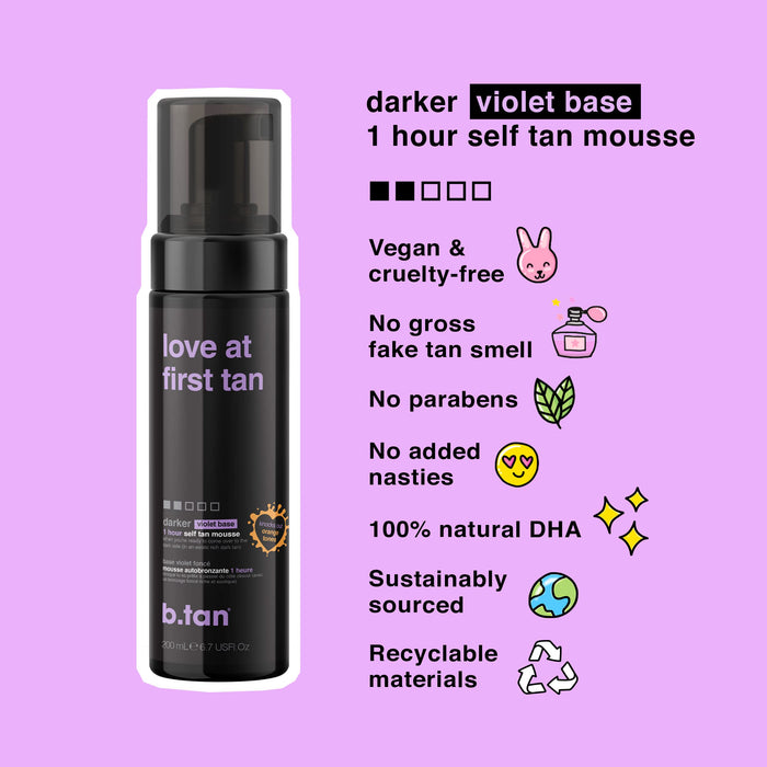 b.tan Violet Self Tanner | Love At First Tan - Fast, 1 Hour Express Sunless Tanning Mousse, Violet-Based, Cancels Orange Tones, No Fake Tan Smell, No Added Nasties, Vegan, Cruelty Free, 6.7 Fl Oz