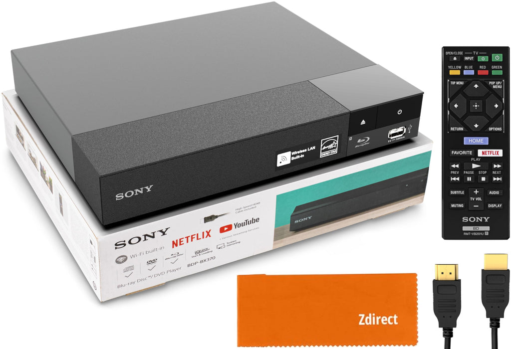 Sony DVD Player Blu Ray Player BDP-BX370 - Streaming Blu ray DVD Player with Remote, Built-in Wi-Fi, Dolby, CD/DVD/Bluray Player Combo for TV. Bundle- Remote, High Speed HDMI Cable, Zdirect Lens Cloth