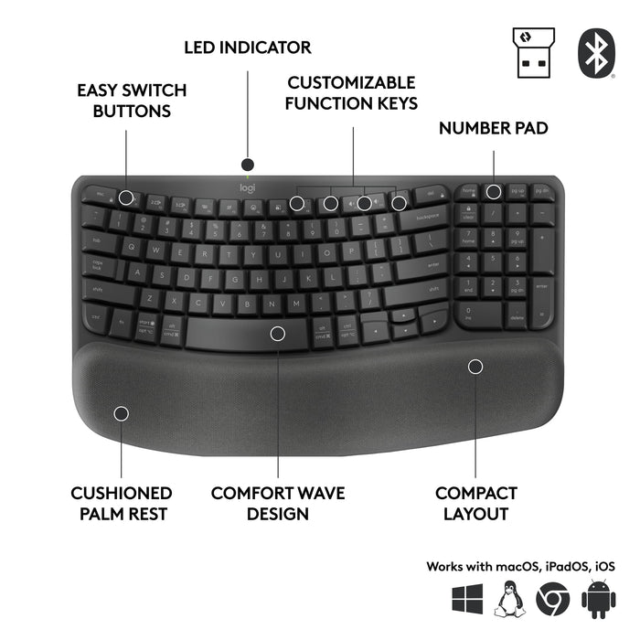 Logitech Wave Keys for Business, Wireless Ergonomic Keyboard with Cushioned Palm Rest, Secure Logi Bolt Technology, Bluetooth, Compatible with Windows/Mac/Chrome/Linux - Graphite