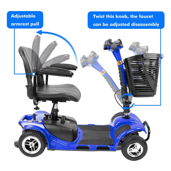 1inchome 4 Wheel Mobility Scooter, Electric Power Mobile Wheelchair for Seniors Adult with Lights- Collapsible and Compact Duty Travel Scooter w/Basket Extended Battery Light Blue