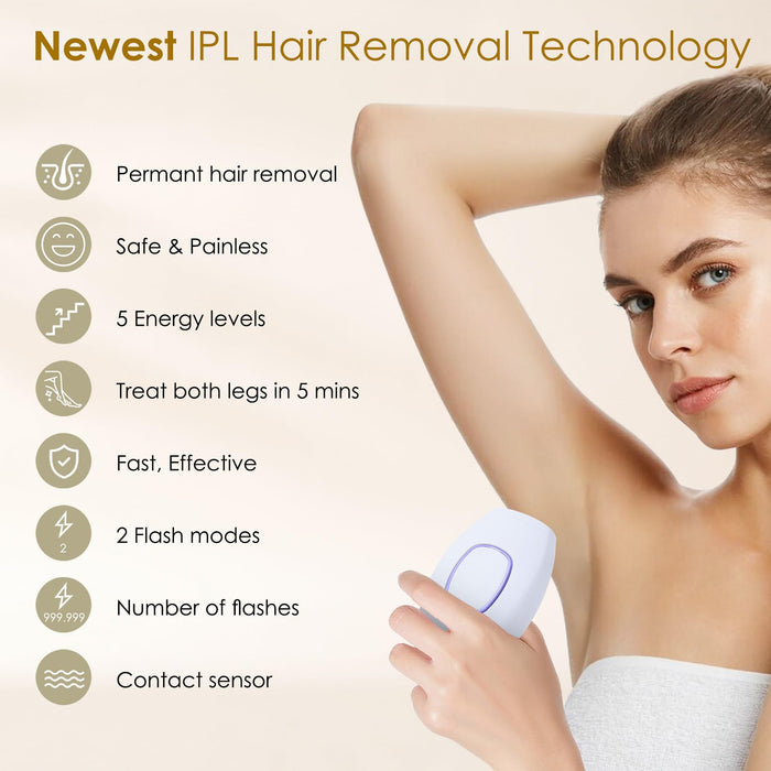 IPL Hair Removal Device Laser Painless Permanent Hair Remover Silky Skin for Women,Safe Gentle At-Home Use for Armpits, Back, Armas, Legs，Bikini line and Full Body (White)