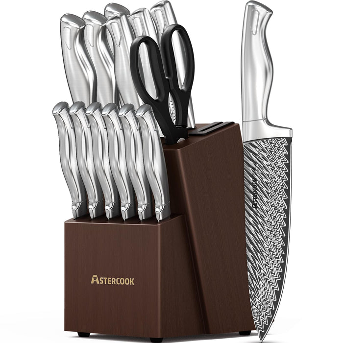 Knife Set, 15 Pieces Kitchen Knife Block Set with Built in Knife Sharpener Block, Dishwasher Safe, German Stainless Steel, Best Gift, Silver