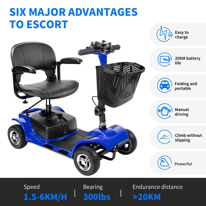 1inchome 4 Wheel Mobility Scooter, Electric Power Mobile Wheelchair for Seniors Adult with Lights- Collapsible and Compact Duty Travel Scooter w/Basket Extended Battery Light Blue