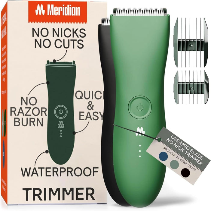 MERIDIAN Body Hair Trimmer for Men and Women - No Nick, No Cut, No Razor Burn Pubic, Groin and Body Shaver - Waterproof & Rechargeable Electric Full Body Groomer - Sage