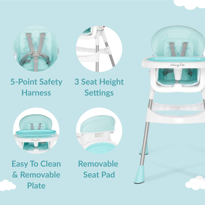 Dream On Me Portable 2-in-1 Tabletalk High Chair, Convertible Compact High Chair, Light Weight Portable Highchair, Aqua